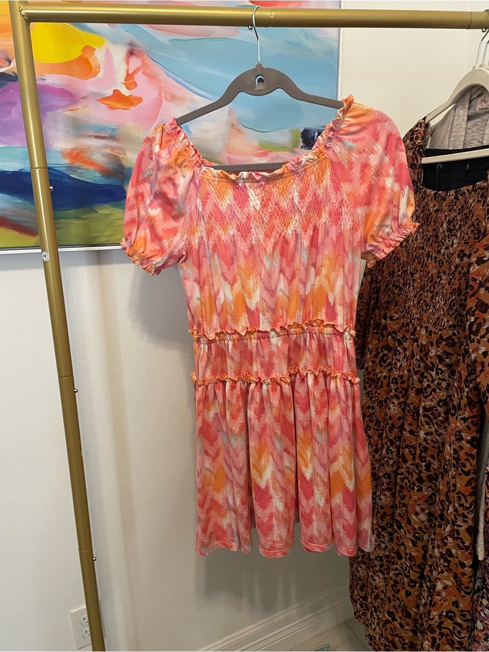 BCBG Y2K Girls' Pink & Orange Tie-Dye Smocked Puff-Sleeve Dress Large 14/16